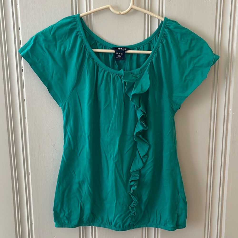 Chaps Teal Ruffle-Front Short Sleeve Blouse